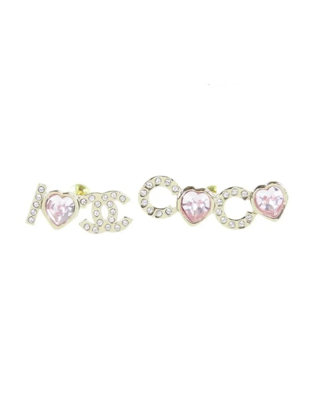 Chanel Earrings Gold Pink Metal Rhinestone I Love CC Logo